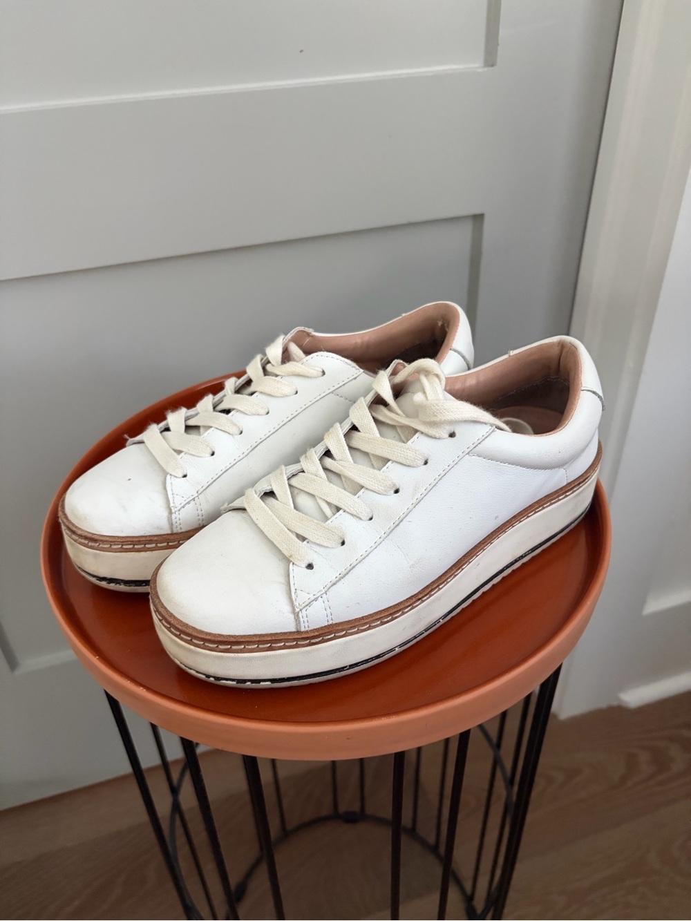 Chelsea & Violet White Leather Platform Sneakers with Tan Trim